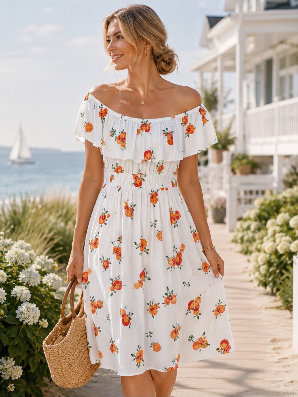 Nevena Rae Citrus Floral Off Shoulder Midi Dress S